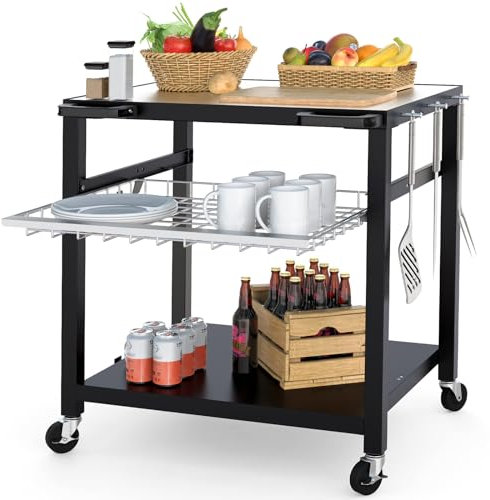 NUUK Outdoor Grill Cart 30x 24 Pizza Oven Table 3-Shelf with Stainless Steel Top and Sliding Drawer BBQ Grilling Carts Outside Serving Prep Tables Stand