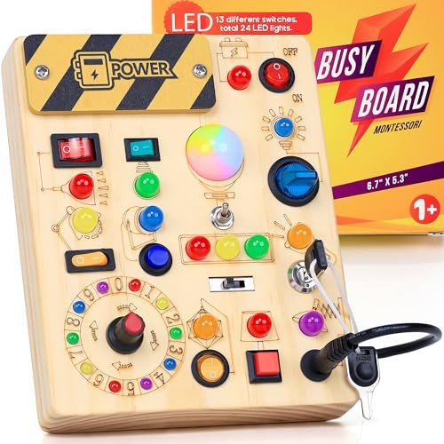RichBoy Busy Board Montessori Sensory Toy, 37-in-1 Switch Board with 24 LED Lights, Birthday Gift for 1 2 3 Year Old Boys Girls, Safety for Toddlers Home Travel Essentials (6.7 X 5.3)