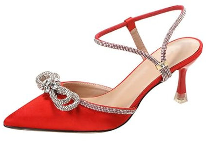 Momolaa 3.5 Kitten Heels Closed Toe Court Shoes Ankle Strap Glitter Low Heels for Women Wedding Dress Shoes Rhinestone Buckle Pointed Toe Dress Sandals #5_Red