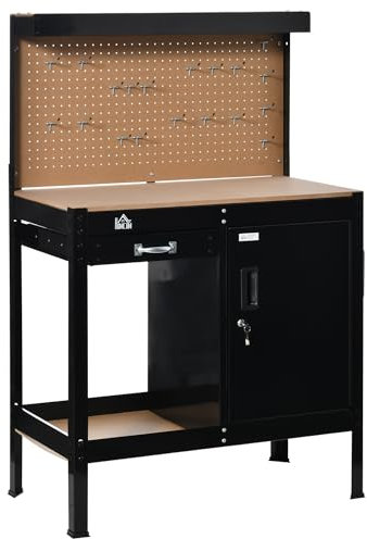 HOMCOM Banco de Trabajo 98,5x48x140 cm Carga 100 kg Mesa de Banco con Panel Perforado Cajón Estante y Armario con Cerradura Negro
