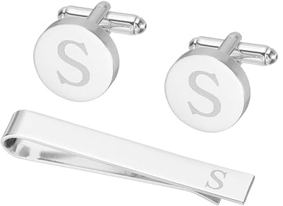 PATIKIL Gemelos Para Hombre, Set De Gemelos Con Iniciales Y Clip Para Corbata Para Hombre Personalizados En Cobre Clásico Y Barra De Corbata, Letra S(Color Plateado)