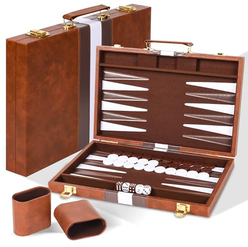 Cbilzxer Backgammon de Voyage 38cm, Set Premium en Similicuir Brun avec Feltre Antibruti, Valise de Backgammon avec Accessoires Complet (15 Pouces)