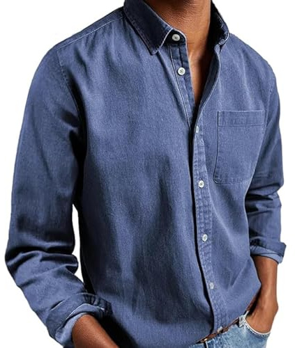 Camisa de manga larga para hombre, mezcla de algodón, con botones, estilo casual y formal, camisa de vestir de negocios con solapa retro, Azul-B, 3XL