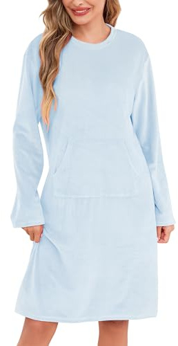 Vlazom Women's Luxury Fleece Nighties Warm Nightdresses Long Sleeve Thermal Nightshirt Cozy Nightgown Loungewear with Pockets Light Blue,L