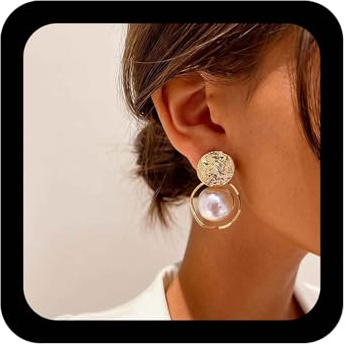 Enautoabs Boucles D'oreilles Bohemia Perles Blanches Boucles D'oreilles Métal Perles Cercle Boucles D'oreilles Pendantes Boucles D'oreilles Disque Martelé Bijoux Pour Femmes