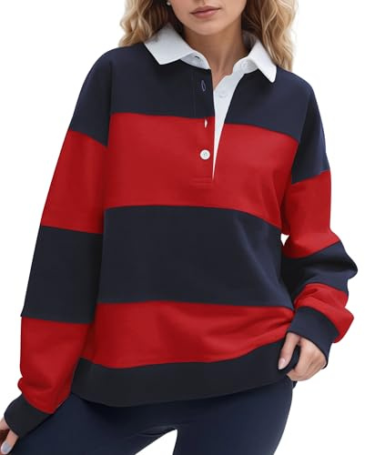 SHBECYDE Women Striped Color Block Polo Sweatshirt Lapel Collared Long Sleeve Oversized Rugby Shirt 2025 Trendy Fall Clothes