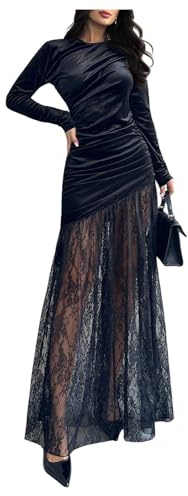 SweatyRocks Women's Velvet Lace Patchwork Ruched Maxi Dress Elegant Long Sleeve Ruffle Hem Long Party Dresses Black Large