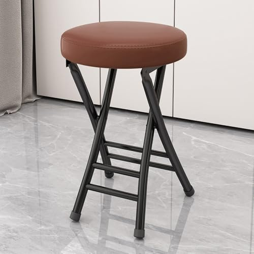 QTWLG 50cm Hem Hopfällbar Pall Läder Vadderad Fällbara Stolar För Kök Campingdisk Inomhus Utomhus Portabel Hopfällbar Stol(Brown+Black)