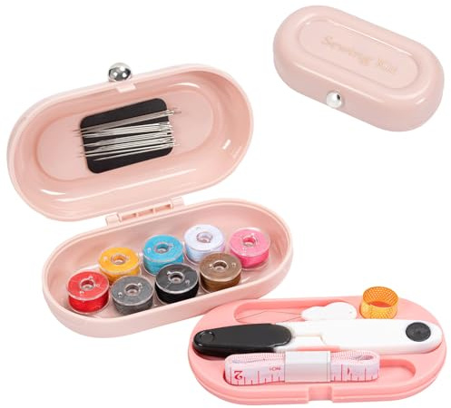 Small Sewing Kits for Adults Beginners,2-Layer Organizer Sewing Box with Strong Magnetic Sticker,Needle and Thread Kit for Travel Home Daily Use (Pink A)