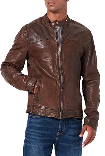 Oakwood 60901 - Veste en cuir - Col à boutons - Manches longues - Homme - Marron - X-Large (Taille fabricant: XL)