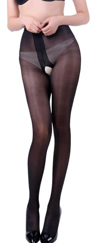Women's High Waist Control Top Tights Sheer Shiny Pantyhose Silky Stockings - black - M-L