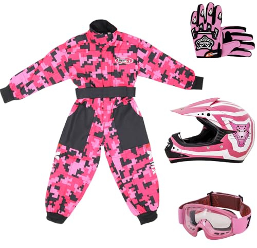 Zorax Pink CAMO S (5-6 Years) Kids Suit & Gloves S(5cm) & Goggles & S (49-50cm) ZOR-X17 Motocross Helmet ECE 2206, Children Motorbike Motorcycle Helmet Set