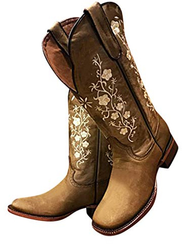 ARtray stövlar för kvinnor Storbritannien mode blomma broderi cowboy stövlar damer fyrkantig tå högklackade festskor damer vardag smart festivaler dans tjocka klackar skor tossor svart brun