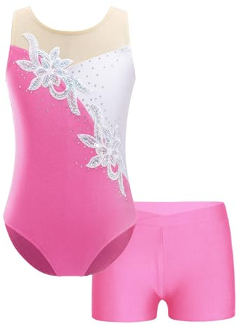Oyolan Enfant Fille Ensemble Justaucorps Gymnastique Strass Paillette avec Short Gym Danse Patinage Artistique Entraînement Costume Spectacle 3-14 Ans A Rose clair 7-8 ans