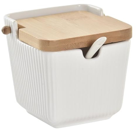 Space Home - Portaspezie - Saliera con Coperchio in Legno - Zuccheriera - Contenitore per Condimento in Ceramica - Bianco (Modello 3)