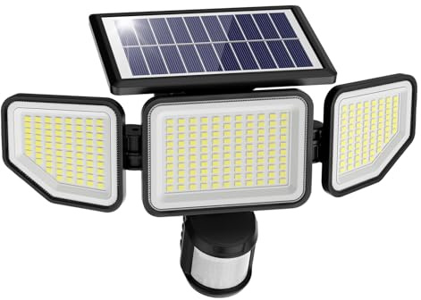 Onforu Luces solares de 3000 lm para exteriores, 258 LED, 3 cabezales, luces de seguridad con control remoto, IP65, luces de sensor de movimiento impermeables, 3 modos de luces de inundación para