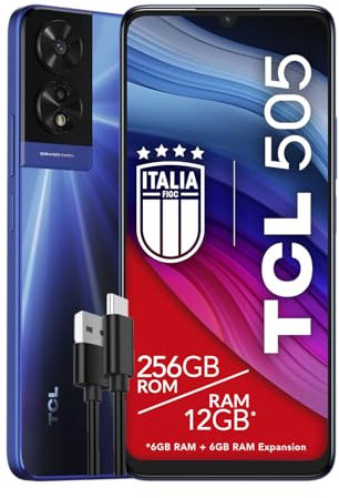 TCL 505 Smartphone 4G Display 6.75 HD+ 90Hz, 256GB, 12GB RAM, 6+6GB RAM expansion, 50Mp Hybrid Camera, Android 14, Batteria 5010 mAh, Dual Sim, Ocean Blue, Cavo USB Type-C Aggiuntivo