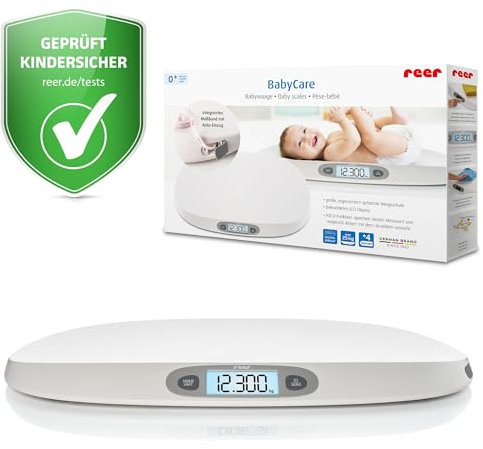 reer BabyCare Babywaage | Ergonomische Wiegeschale für Neugeborene/Babys | 25kg Maximalgewicht | Integriertes Maßband, HOLD- und Tarierfunktion | Beleuchtetes LCD-Display | Präzision von 5g