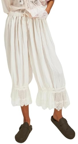 Women Lace Long Bloomers Pants Elastic Waist Y2k Ruffle Pettipants Slip Cute Pantaloons Pumpkin Pants(White,Small)