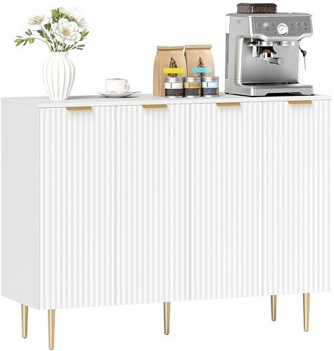 HOMCOM Sideboard Buffet Cabinet, Modern Kitchen Storage Cabinet with 4 Doors and Adjustable Shelves, Living Room Cabinet with Metal Legs for Hallway, White