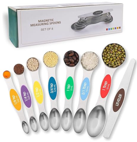 Magnetic Measuring Spoons Set – 8pc Stainless Steel Dual-Sided Spoons and Leveller for Dry and Liquid Ingredients, Stackable & Space-Saving Design