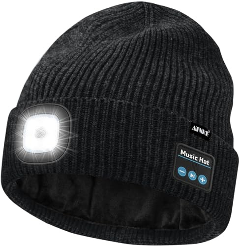 ATNKE LED Bluetooth Bonnet Lampe Frontale, USB Rechargeable 4 LED sans Fil Musique Parleur Course Chapeau Hiver Chaud Tricot Bonnet avec Polaire Doublé Cadeaux pour Homme Papa et Femme/Dark Gray