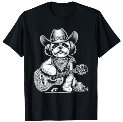 Cowboy Shih Tzu Jouant de la Guitare Musicien Chien Western T-Shirt