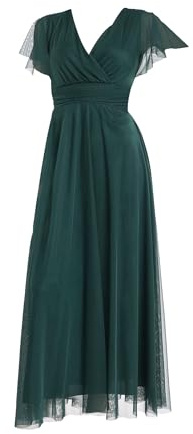 VALORIALUXE Abito Lungo Elegante Donna con Maniche Volant e Scollo a V – Vestito da Cerimonia Made in Italy (IT, Testo, S, Regular, Regular, Verde Bosco)