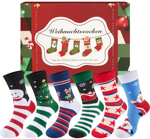 SukModen Julstrumpor kvinnor män 6 par 37–46, roliga strumpor jul unisex med julmotiv, julklappspresenter, Färgglad randig, 37-46