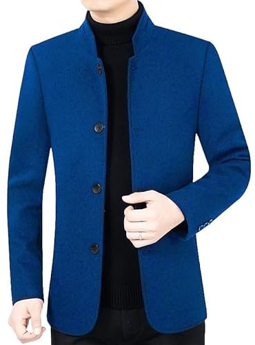 HUIANGLIYG Blazer À Chevrons pour Homme, Veste de Costume Vintage en Tweed de Laine Mélangée, Col Mao, Simple Boutonnage, Manteau en Laine Décontracté, Coupe Vent, Bleu Roi, Taille L