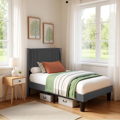 Blishom Lit capitonné,90×200cm Cadre de lit Simple, avec tête de lit et sommier à Lattes, en Tissu Solide, pour Adolescent et Chambre d'amis, Cadre de lit rembourré, Gris Foncé