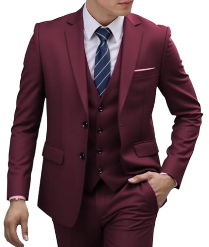Conjunto de Traje para Hombre, Traje Cruzado Entallado para Hombre, Conjunto de Chaqueta con Solapa Pico, Pantalones, Formal Boda, Negocios, Color Vino Tinto pequeño