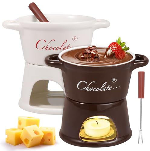 Goshoppers 2 Pièces Tasse à Fondue au Chocolat, 300ml Services à Fondue au Chocolat avec Fourchettes- Mug Fondue au Chocolat en Céramique - Tasse Chauffante pour Chocolat et Fromage Bonbons Cadeaux