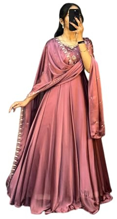 The Red Lion Enterprise Women’s Long Embroidered Kurti Dupatta 2pc Set in Vichitra Fabric | Festive Occasion Wear, Onion, Medium