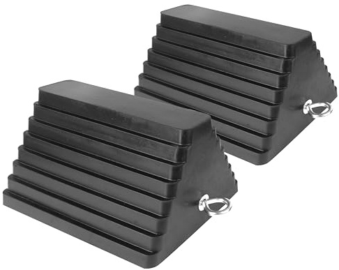 MaxxHaul Rubber Wheel Chock 2 Pack, Large 10 x 8 x 6 Heavy Duty Tire Stop with Non Slip All Weather Grip, Oil Resistant Rubber Block with Steel Eyebolt for Vehicle and Trailer Safety (80681)