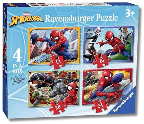 Ravensburger Marvel Spider-Man 4-in-a-Box Jigsaw Puzzles for Kids Age 3+ – 12/16/20/24 Piece Puzzle Set, Preschool Activity Toy, Birthday Gift for Boys & Girls