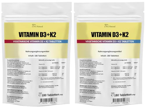 Vitamin D3 5000 I.E. (Cholecaliferol) + Vitamin K2 MK7 (All-Trans Menaquinon 7 - MK7 ) 200mcg - 2 Beutel (360 vegane Tabletten 2 Packungen a 180)
