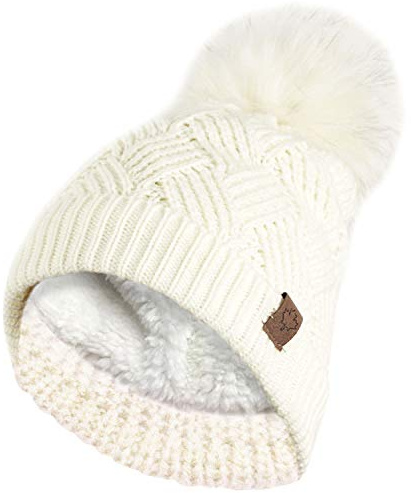 RockJock Ladies Warm Chunky Diamond Cable Knit Hat with Thermal Teddy Fleece Lining and Detachable Faux Fur Pompom-Cream