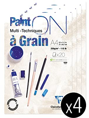Clairefontaine 975049Cpack - PaintON Multi-technique Glued Pad - 20 Sheets of Multi-technique Drawing Paper with a Pronounced Grain - White - A4 21x29.7 cm 250g - Pack of 4 Pads