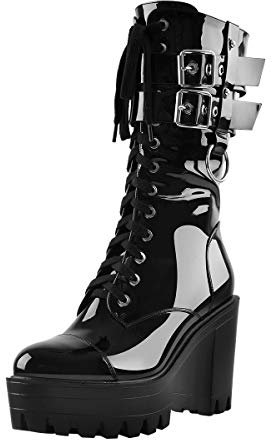 Only maker Damen Plateau Stiefeletten Schnürboots Hablstiefel mit Reßverschluss Zipper Ankle Boots Lack Schwarz 39 EU