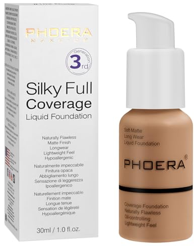 PHOERA Base, PHOERA Base líquida mate, Maquillaje PHOERA para mujeres, Corrector de cobertura total de base PHOERA, Corrector de control de aceite mate las 24 horas (106 - Warm Sun)