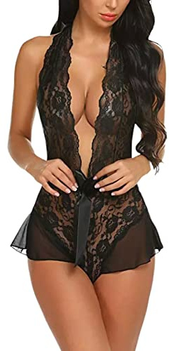Sexiga Underkläder För Kvinnor Stygga Damer Deep V Sexig Spetsbody Svart L