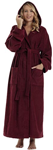 Arus Women's Pacific Hooded Turkish Cotton Bath Robe with Full Length options Burgundy Large