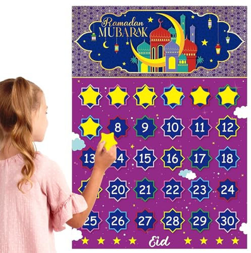 Calendrier de l'Avent du Ramadan Moubarak, Ramadan Calendrier Affiche pour Musulman Aïd Calendrier de l'Avent, Compte à Rebours Aïd Al-Fitr Ramadan Décorations, avec Autocollants