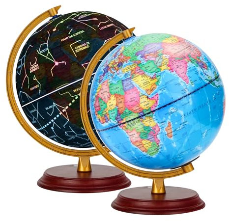 Exerz Mappamondo illuminato diametro 20 cm base in legno - mappa in italiano - mappa politica (giorno) – costellazione stelle (notte)