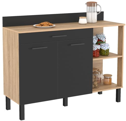 IDMarket - Buffet bas de cuisine 120 CM CINA plan de travail H.83 cm 2 portes + tiroir façon hêtre et noir