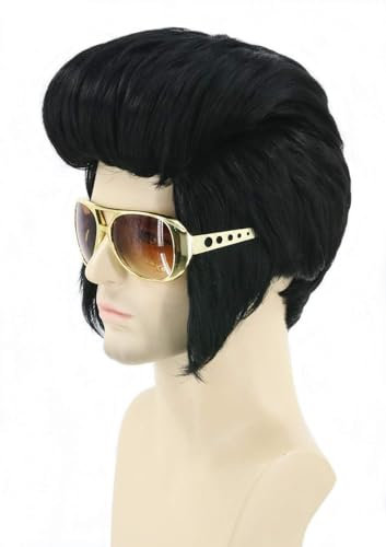 LeMarnia Herren Schwarz Disco Perücke für 50er Jahre Rock Style Cosplay Halloween Kostüm Party Perücke (ohne Brille)