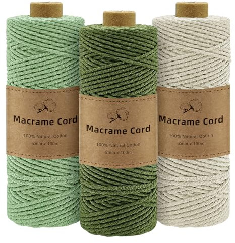 Gemtte Makramee Garn 2mm x100m, 3 Rollen Macrame Cord Geflochten Set, Bunte Makrameegarn für Wandbehang Dekoration, Natur Baumwoll Bastelschnur zum Basteln Stricken Boho Deko