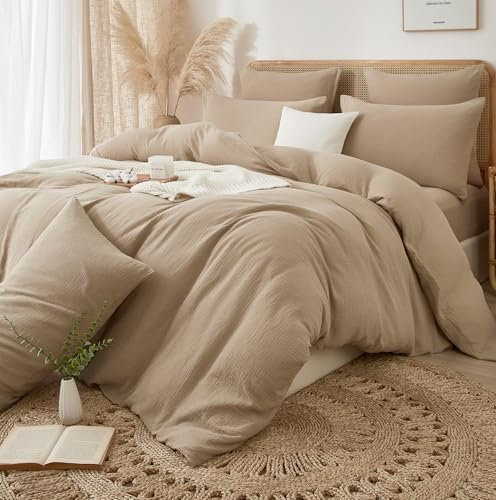 DXHOME Muslin Bettwäsche 135x200 Khaki Uni Baumwolle Bettwäsche-Sets Sommer Atmungsaktiv Kühlende Wendebettwäsche Weiche Bettbezug mit Reißverschluss + 1 Kissenbezug 80x80 cm