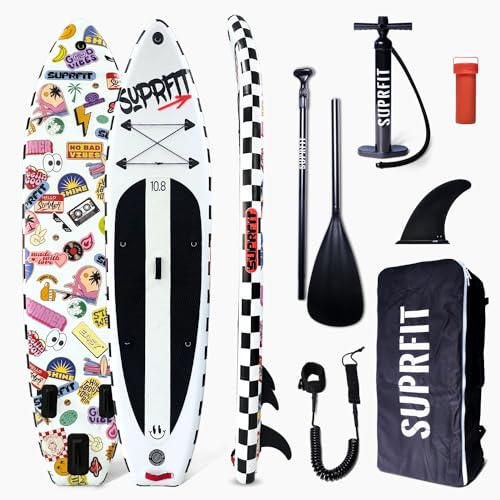Suprfit Stand-Up Paddling Board Funny Stickers – White | All in One Set: SUP Board, Hochwertiger Rucksack, Teleskop Paddel, Double-Action Luftpumpe, Leash, Slide-In Finnen Set, Reparatur Set